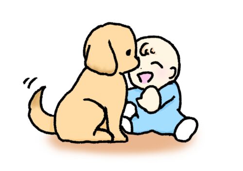 A-cute-and-gentle-hand-drawn-illustration-of-a-smiling-baby-in-blue-clothes-sitting-next-to-a-friendly-golden-puppy-wagging-its-tail-highlighting-the-importance-of-safety-precautions-for-infants-and-pets-when-using-herbal-cockroach-repellents