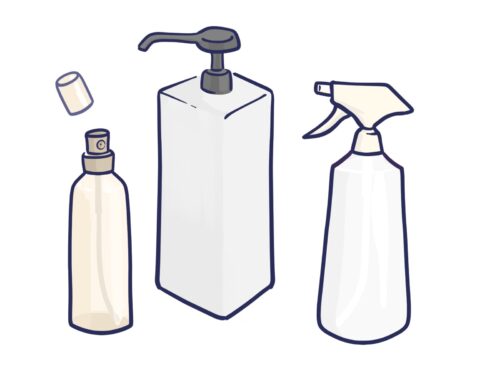 Simple-line-art-illustration-of-three-different-empty-containers-a-small-mist-spray-bottle-with-an-open-cap-a-square-pump-bottle-and-a-trigger-spray-bottle-ideal-for-making-diy-essential-oil-herb-sprays-for-cockroach-prevention
