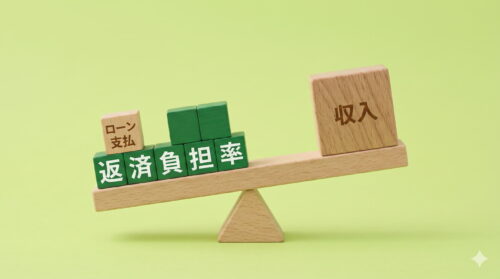 A wooden seesaw balancing blocks labeled income and loan repayment, illustrating the debt-to-income ratio for mortgage screening.