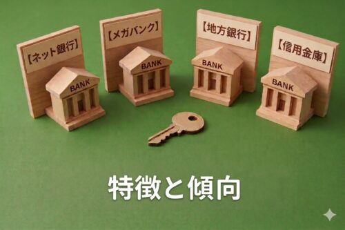 Four wooden bank models labeled as online banks, mega banks, regional banks, and credit unions, with a house key in the center to show mortgage lender characteristics and trends.