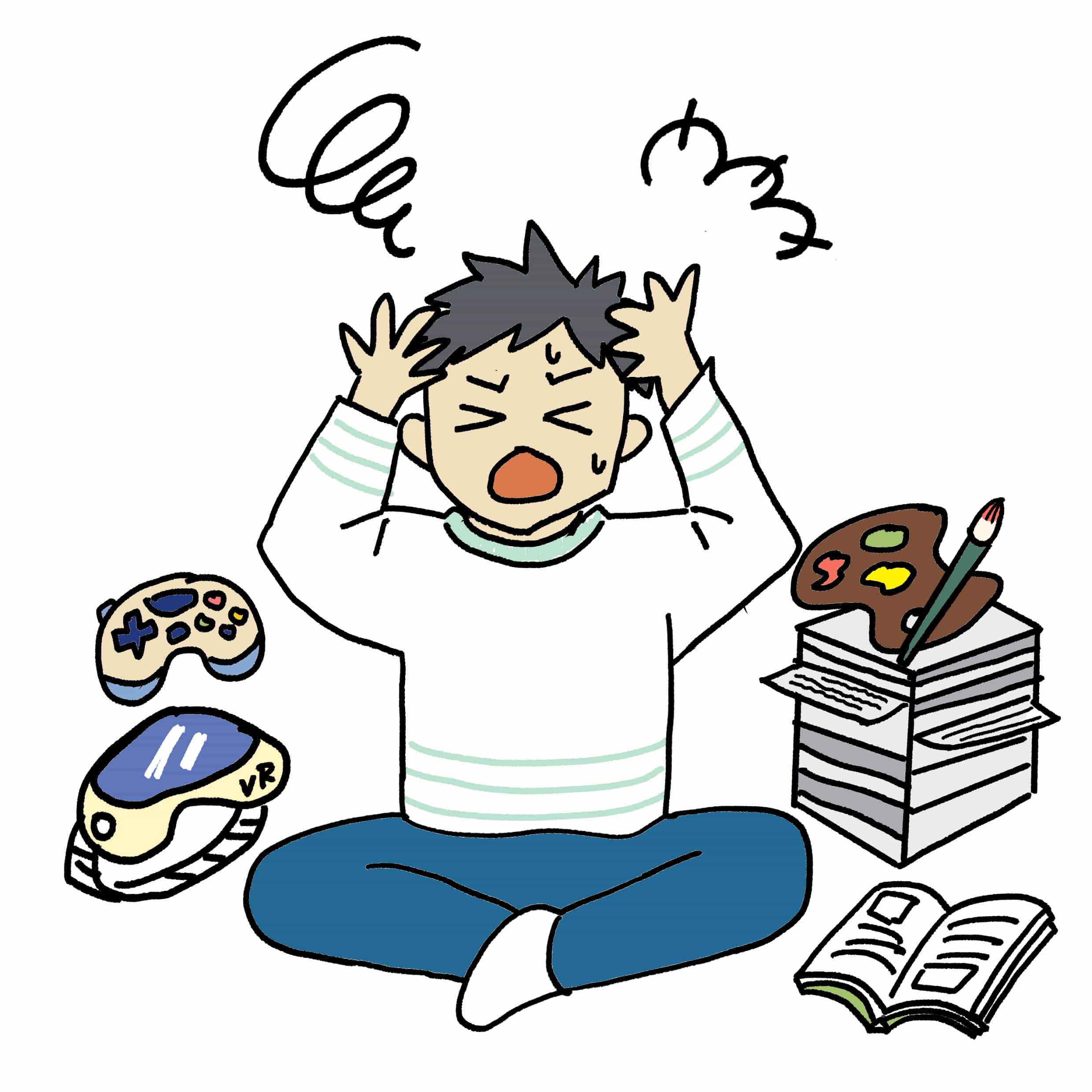 illustration-of-a-frustrated-man-holding-his-head-surrounded-by-a-game-controller-vr-goggles-a-stack-of-papers-and-a-book